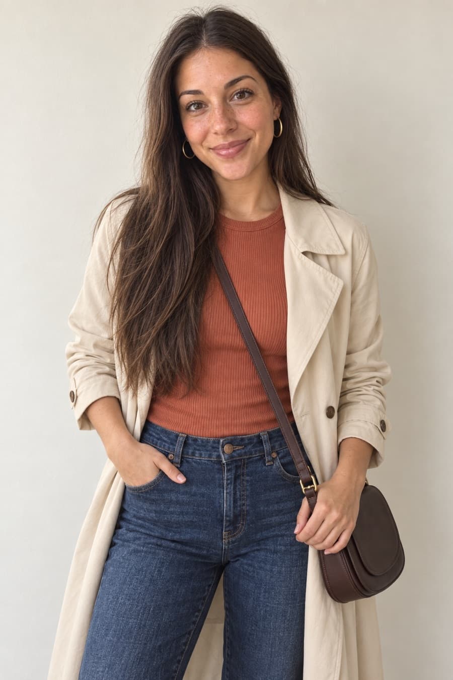 Emma in a terracotta tee, ivory trench and jeans