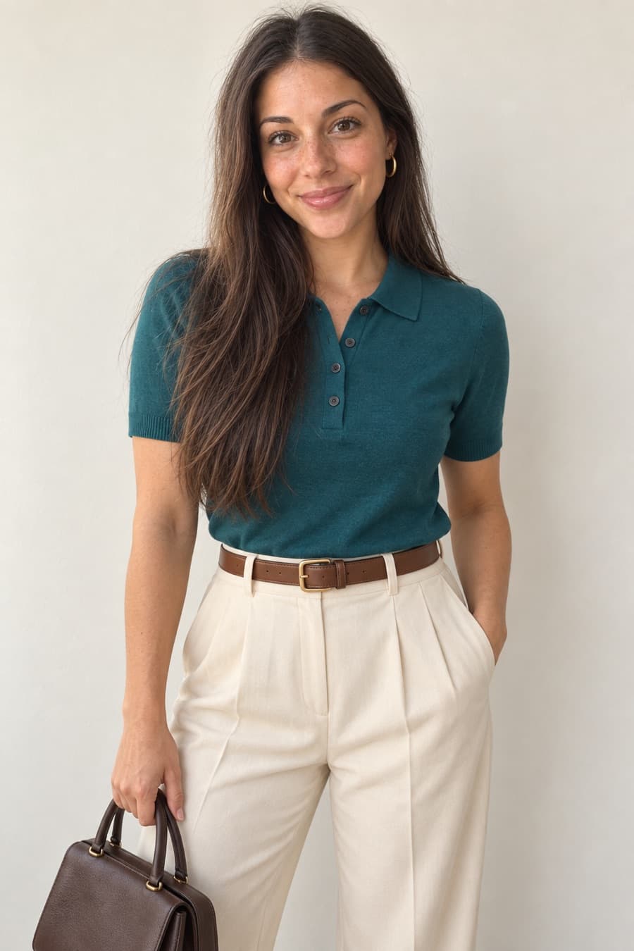 Emma in a petrol-teal knit polo and ivory trousers